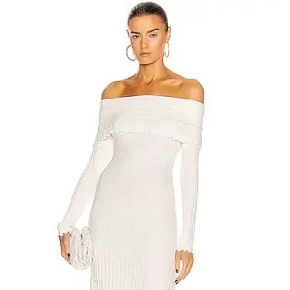 Simon Miller Espen Fold Over White Ribbed Off The Shoulder Midi Dress Size M